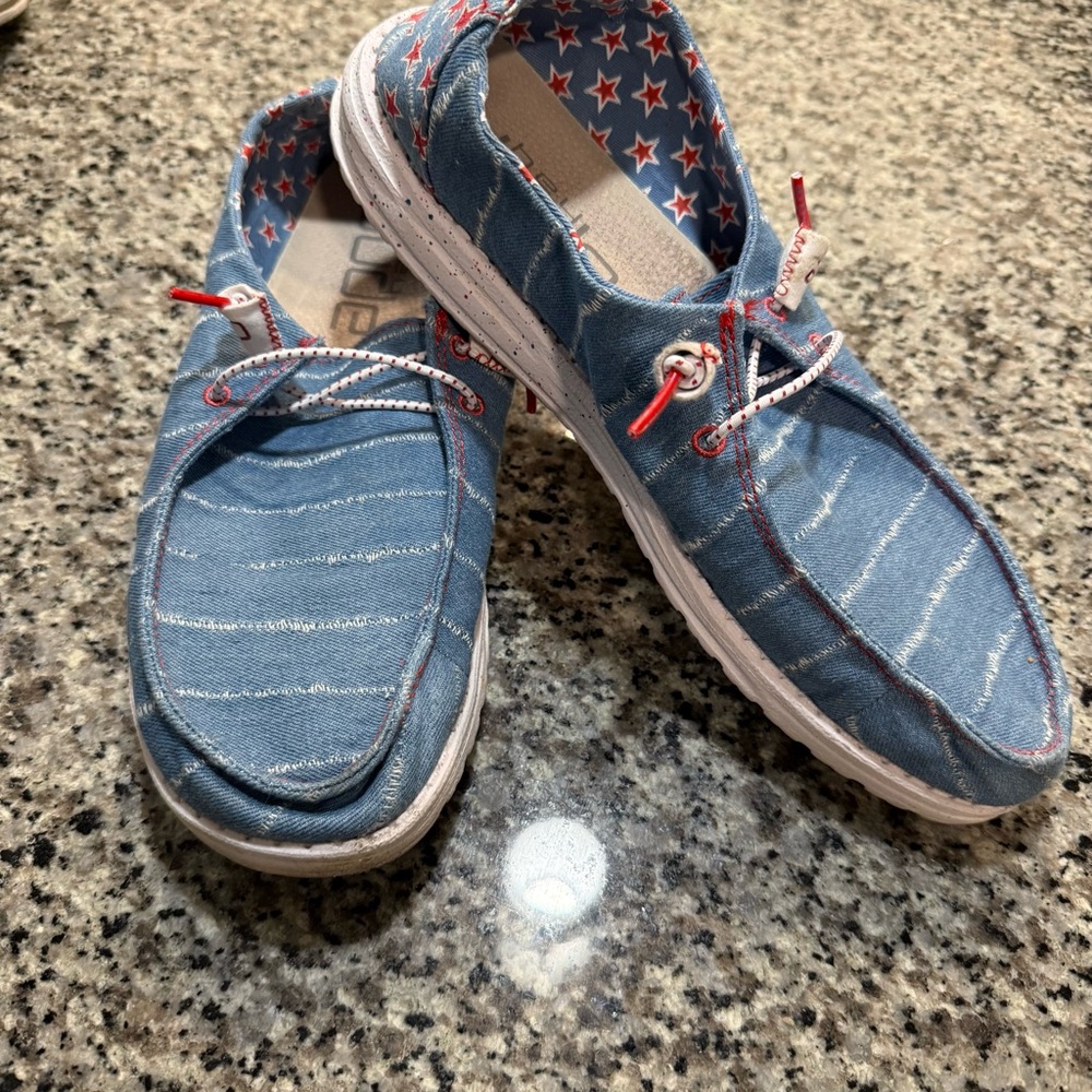 Hey Dude Womens Blue and White Striped Flats 12